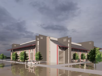 Modern Building Exterior With Unique Roof Design And Surrounding Trees And Vehicles 3d model