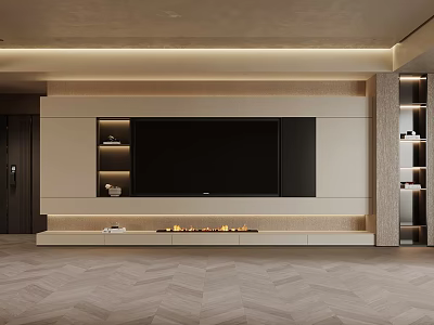 Modern TV Wall Design Featuring Large Screen Fireplace Lit Shelves and Herringbone Flooring 3d model