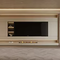 Modern TV Wall Design Featuring Large Screen Fireplace Lit Shelves and Herringbone Flooring