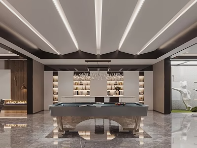 Luxurious Modern Basement Interior With Billiard Table And Wine Shelves 3d model