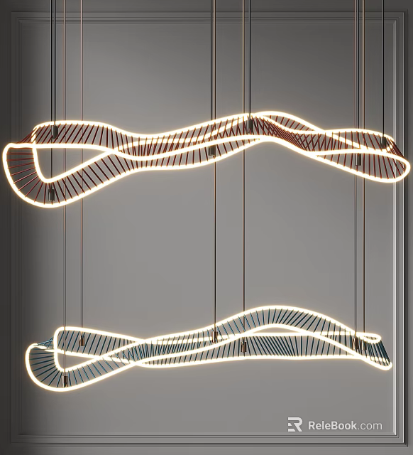 Modern Curved Chandelier With Striped Design and LED Lighting Hanging in Contemporary Space 3d model 