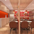 Nighttime Restaurant Exterior With Bright Red And White Neon Signage Large Windows And Visible Interior Tables