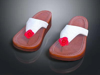 Brown Sole Flip Flops With White Strap And Red Flower Decoration 3d model