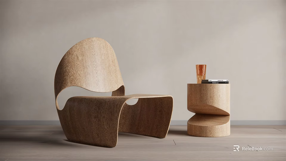 Modern Wooden Single Chair With Curved Design Side Table Glass Cup And Book 3d model 