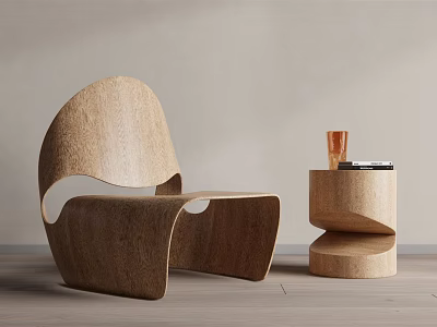 Modern Wooden Single Chair With Curved Design Side Table Glass Cup And Book 3d model