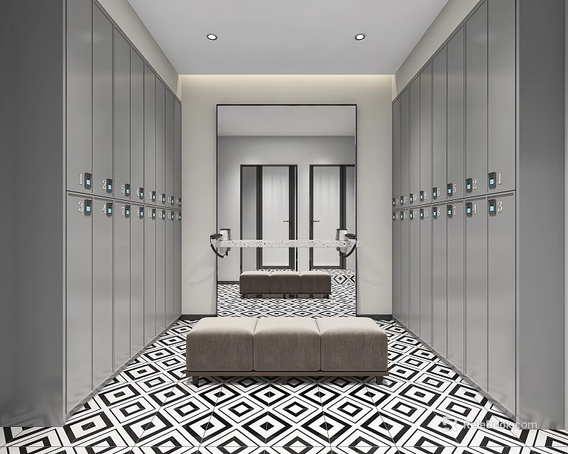 Modern Gym Locker Room With Lockers Bench And Mirror 3d model 