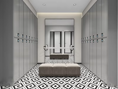 Modern Gym Locker Room With Lockers Bench And Mirror 3d model