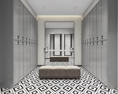 Modern Gym Locker Room With Lockers Bench And Mirror 3d model