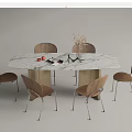 Elegant Oval Marble Dining Table Set With Six Wooden Chairs Metal Legs And Fruits Plants