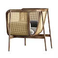 Comfortable Modern Leisure Chair With Wooden Frame Woven Backrest Armrests And Gray Cushion
