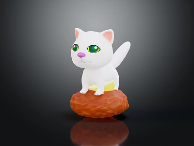 Cute White Cat Figurine With Green Eyes Pink Nose Standing On Brown Nut Shaped Base 3d model