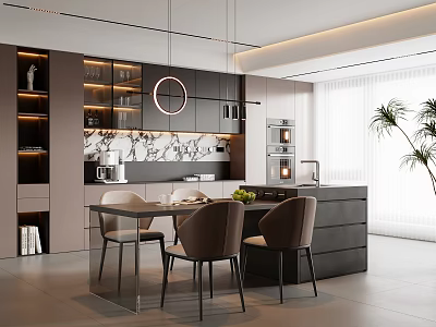 Modern Open Concept Restaurant Interior With Dining Table Chairs And Pendant Lights 3d model