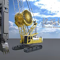 Yellow Crawler Excavator With Tracked Undercarriage Long Boom And Digging Attachment In Blue Sky Clouds