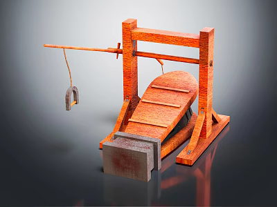 Cartoon Scene Of Orange Wooden Guillotine With Frame Inclined Platform And Hanging Metal Part 3d model