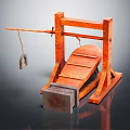 Cartoon Scene Of Orange Wooden Guillotine With Frame Inclined Platform And Hanging Metal Part