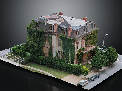 Weathered Residential Building Exterior Covered in Overgrown Ivy with Surrounding Bushes and Trees 3d model