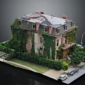 Weathered Residential Building Exterior Covered in Overgrown Ivy with Surrounding Bushes and Trees