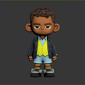 Cute Cartoon Character Figurine With Curly Hair Black Jacket Yellow Vest And Blue Shorts