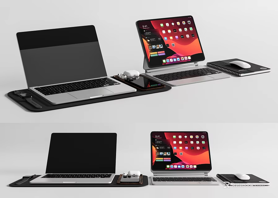 Modern Laptop and Tablet Setup with Keyboard Mouse and Desktop Accessories 3d model