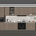 Modern Kitchen Interior With Wooden Cabinets White Countertop Black Refrigerator Oven And Appliances