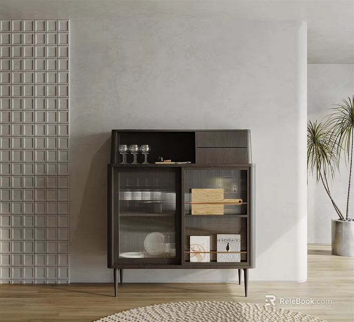 Modern Sideboard With Glass Doors Storing Dinnerware Glasses Near Gray Wall Grid Pattern And Plant 3d model 