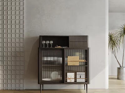 Modern Sideboard With Glass Doors Storing Dinnerware Glasses Near Gray Wall Grid Pattern And Plant 3d model