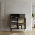 Modern Sideboard With Glass Doors Storing Dinnerware Glasses Near Gray Wall Grid Pattern And Plant