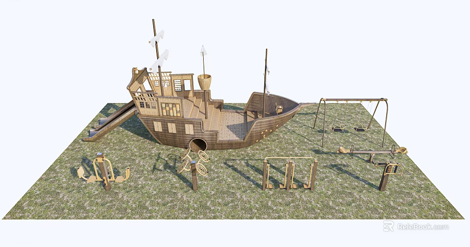 Wooden Pirate Ship Playground Equipment With Slide Swings And Climbing Features In Grass Area 3d model 