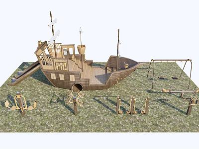 Wooden Pirate Ship Playground Equipment With Slide Swings And Climbing Features In Grass Area 3d model