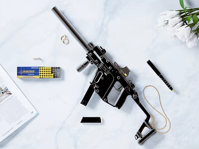 Vintage Submachine Gun Display With Ammunition Box Pencil White Flowers And Book 3d model Vintage Submachine Gun Display With Ammunition Box Pencil White Flowers And Book 3d model