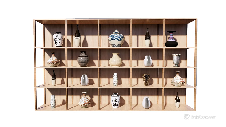 Wooden Display Shelving Unit With Various Decorative Ceramic Vases On Multiple Shelves 3d model 