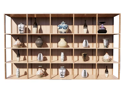 Wooden Display Shelving Unit With Various Decorative Ceramic Vases On Multiple Shelves 3d model