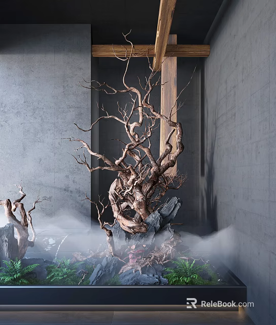 Indoor Landscape Featuring Large Dried Tree Branches Mist Stones Green Plants Gray Walls And Wooden Accents 3d model 