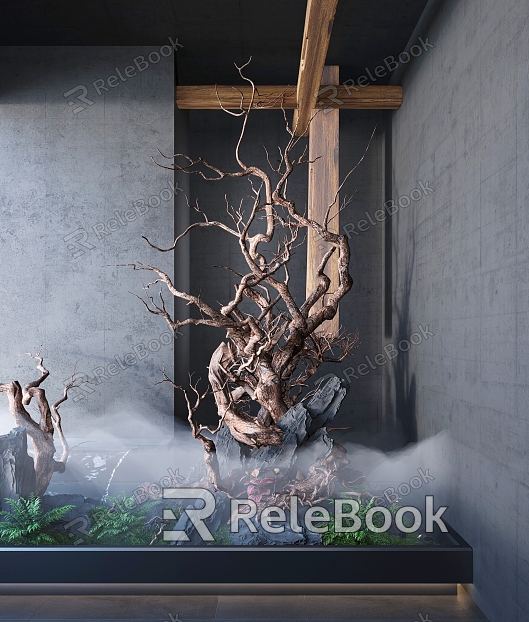 Modern indoor dead wood stacked water landscaping dead wood landscaping landscape stone drop water mist fern shrub model