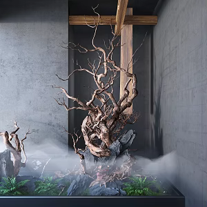 Modern indoor dead wood stacked water landscaping dead wood landscaping landscape stone drop water mist fern shrub 3d model