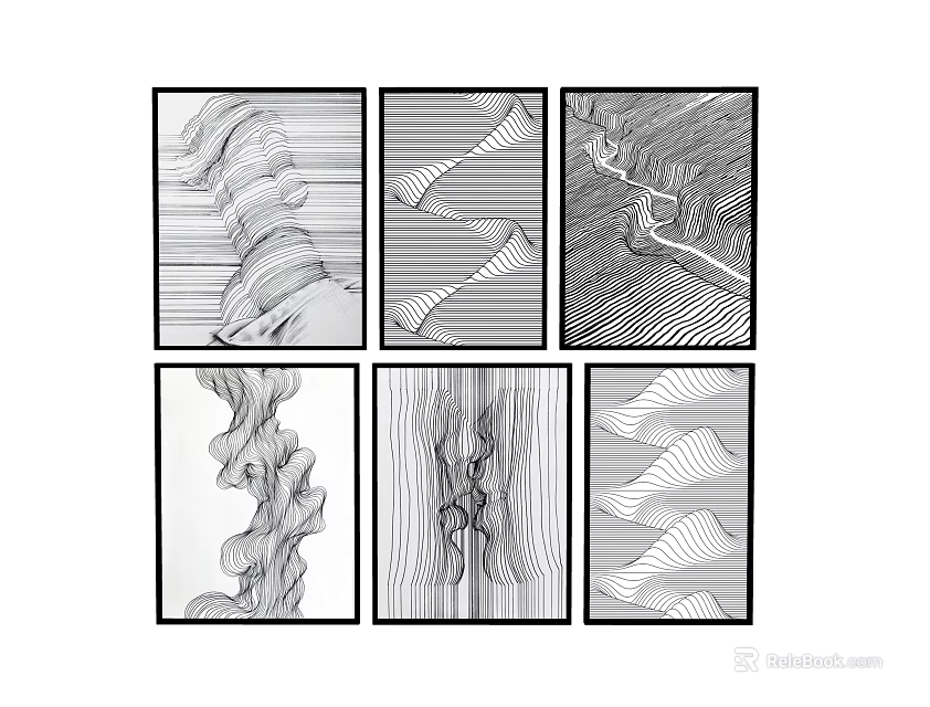 Six Panel Abstract Black And White Line Design Modern Minimalist Wall Art 3d model 