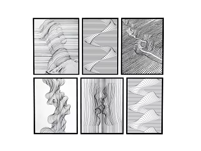 Six Panel Abstract Black And White Line Design Modern Minimalist Wall Art 3d model