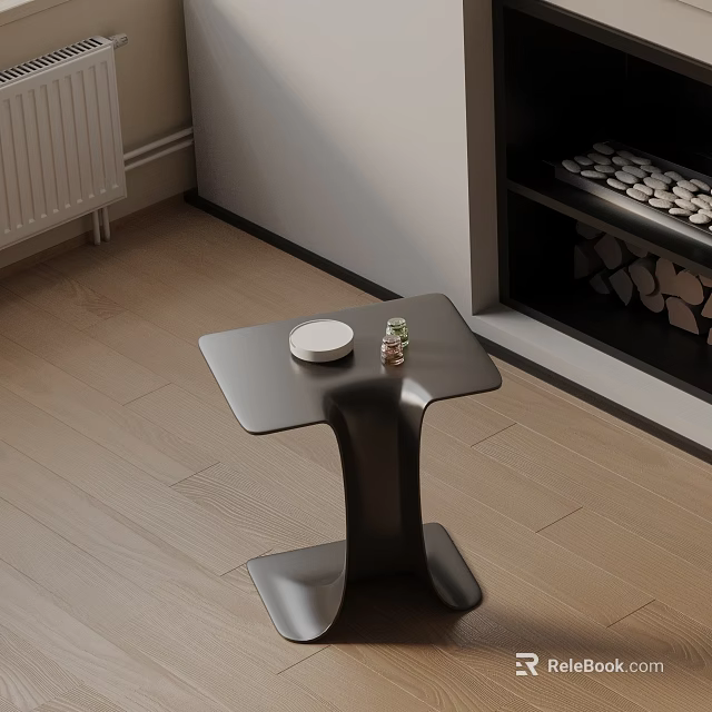 Black Modern Side Table With White Plate And Small Decor On Wooden Floor Near Fireplace 3d model 