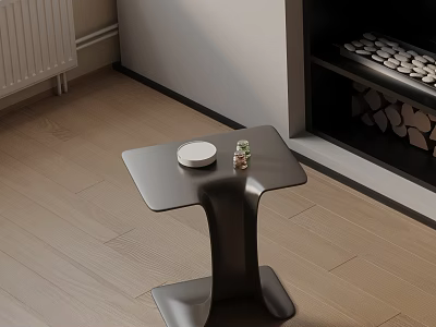 Black Modern Side Table With White Plate And Small Decor On Wooden Floor Near Fireplace 3d model
