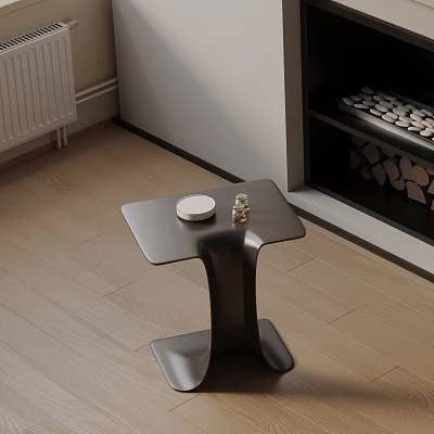 Black Modern Side Table With White Plate And Small Decor On Wooden Floor Near Fireplace 3d model