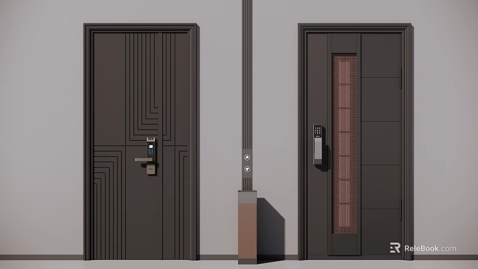 Dark Brown Swing Doors Featuring Line Patterns Vertical Grille And Door Lockset Design 3d model 