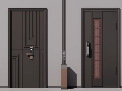Dark Brown Swing Doors Featuring Line Patterns Vertical Grille And Door Lockset Design 3d model