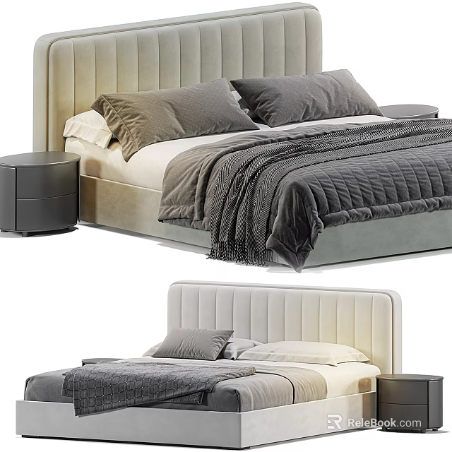Modern Double Bed With Upholstered Headboard Gray Pillows White Sheets And Nightstand 3d model