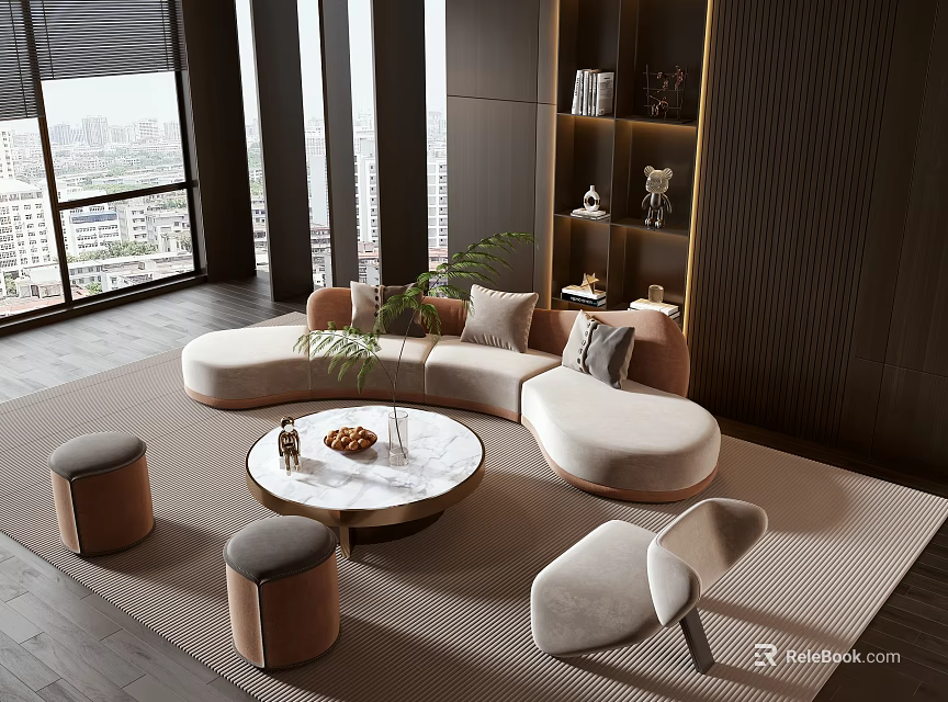 Elegant Modern Curved Sofa and Round Coffee Table Set in Living Room With City View 3d model 