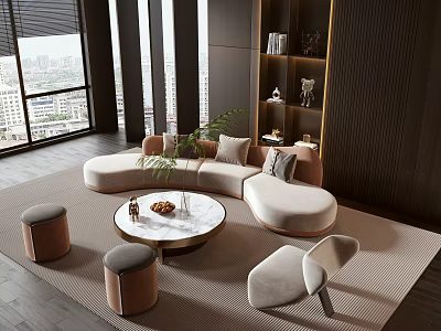 Elegant Modern Curved Sofa and Round Coffee Table Set in Living Room With City View 3d model