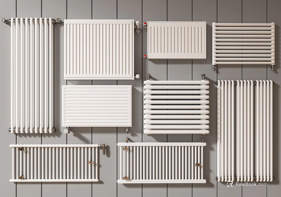 Various Types of Modern Radiators with Different Designs Installed on Wall for Home Heating 3d model 
