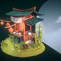 Cartoon Style Chinese Pagoda Pavilion With Dim Sum Red Lanterns Bamboo And Full Moon