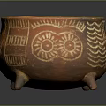 Ancient Brown Clay Pot With Three Legs And Decorative Surface Patterns