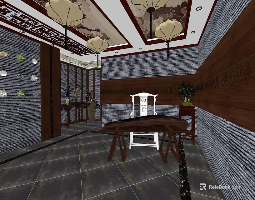 Chinese Style Elevator Hallway With Wooden Decorative Walls Gray Tiled Floor Hanging Chandeliers And Plants 3d model 
