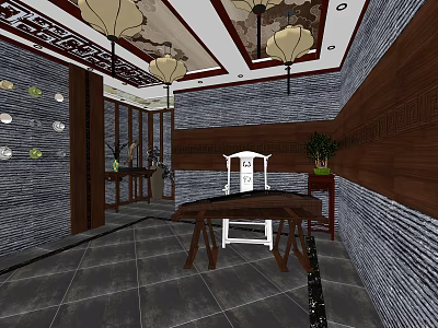 Chinese Style Elevator Hallway With Wooden Decorative Walls Gray Tiled Floor Hanging Chandeliers And Plants 3d model